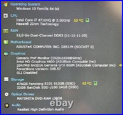 Asus gamer/ core i7 4 th/ Ram 12 Go/536 go SSD / GTX 850 M/ win 10