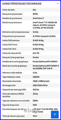 Pc portable Asus TUF15 Gaming, intel core i7-11800H 8 coeurs, RTX 3050ti, 144hz Pc portable Asus TUF15 Gaming, intel core i7-11800H 8 coeurs, RTX 3050ti, 144hz